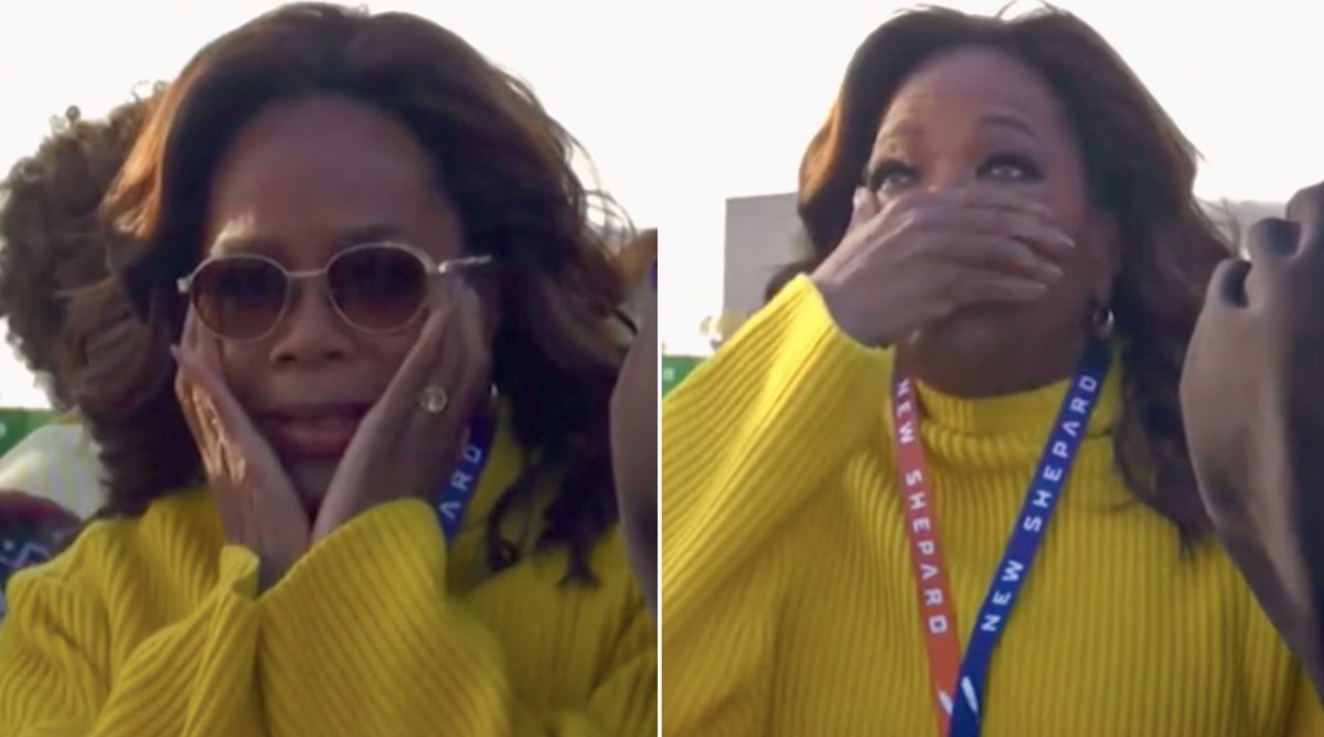 Oprah Winfrey has emotional reaction to Gayle King's Blue Origin spaceflight.