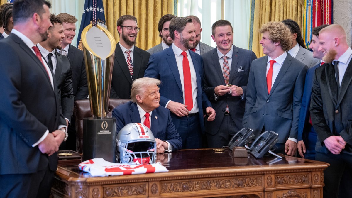 The Ohio State University Buckeyes “showed the world that the road to greatness is paved by hard work, sweat, and often a great deal of adversity. It's a proud day for all of us, but it's a proud day for the Scarlet and Gray.” –President Trump 🇺🇸 Ohio StateFB Ohio State Buckeyes 🌰