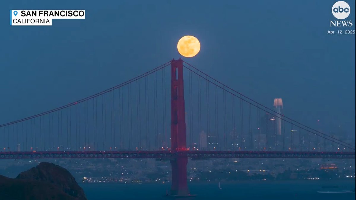 Stunning time lapse video shows April’s full moon, known as the Pink Moon, rising over the Golden Gate Bridge, casting a silvery glow against San Francisco’s iconic skyline.