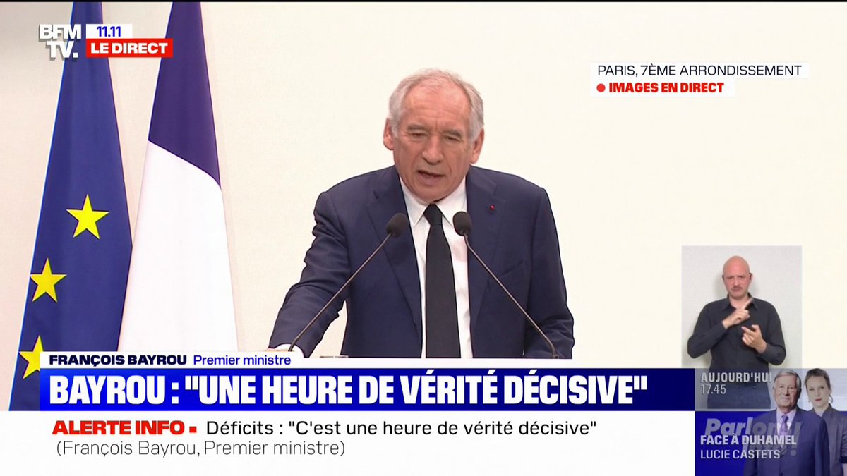 🇫🇷 FLASH | François Bayrou promet de "parler le langage de la vérité", dans une "heure de vérité décisive" sur les Finances publiques.