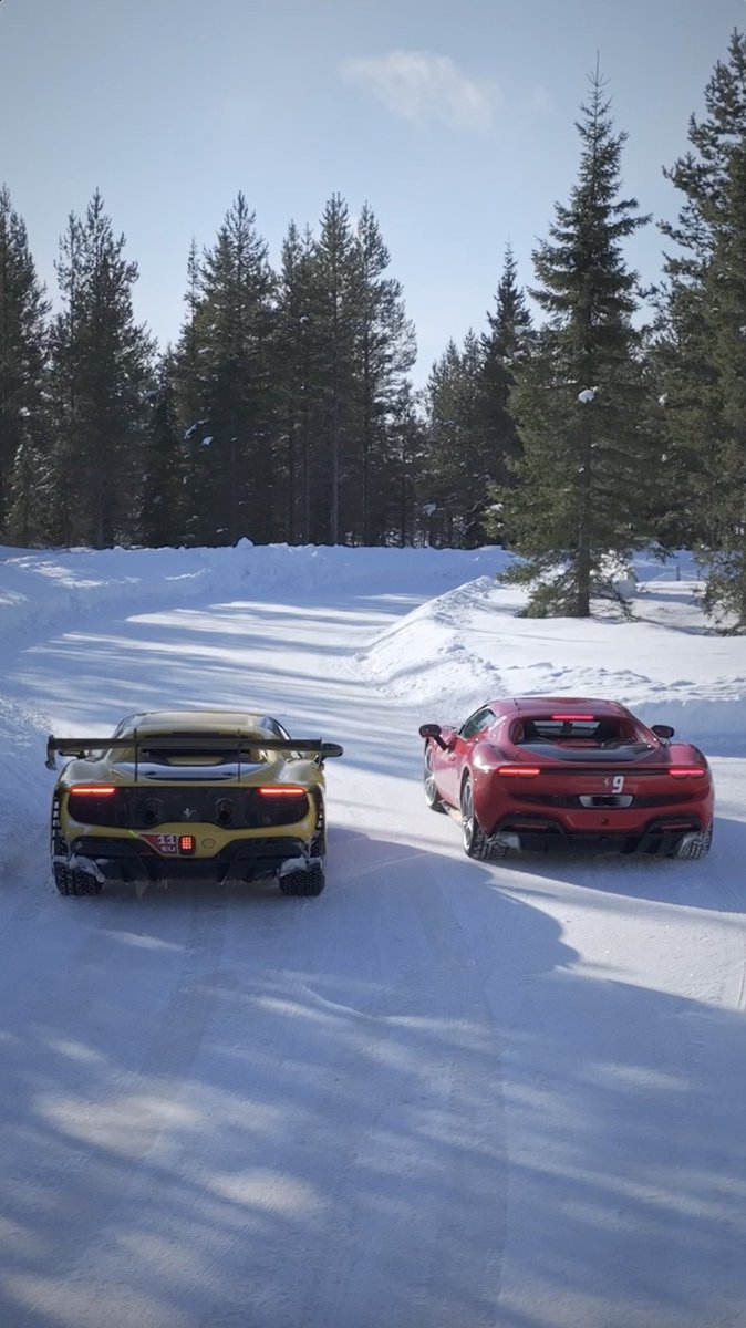 The #Ferrari296GTB and #Ferrari296Challenge dancing on the frozen track of the Corso Pilota On-Ice in Finland. #DrivingFerrari #Ferrari