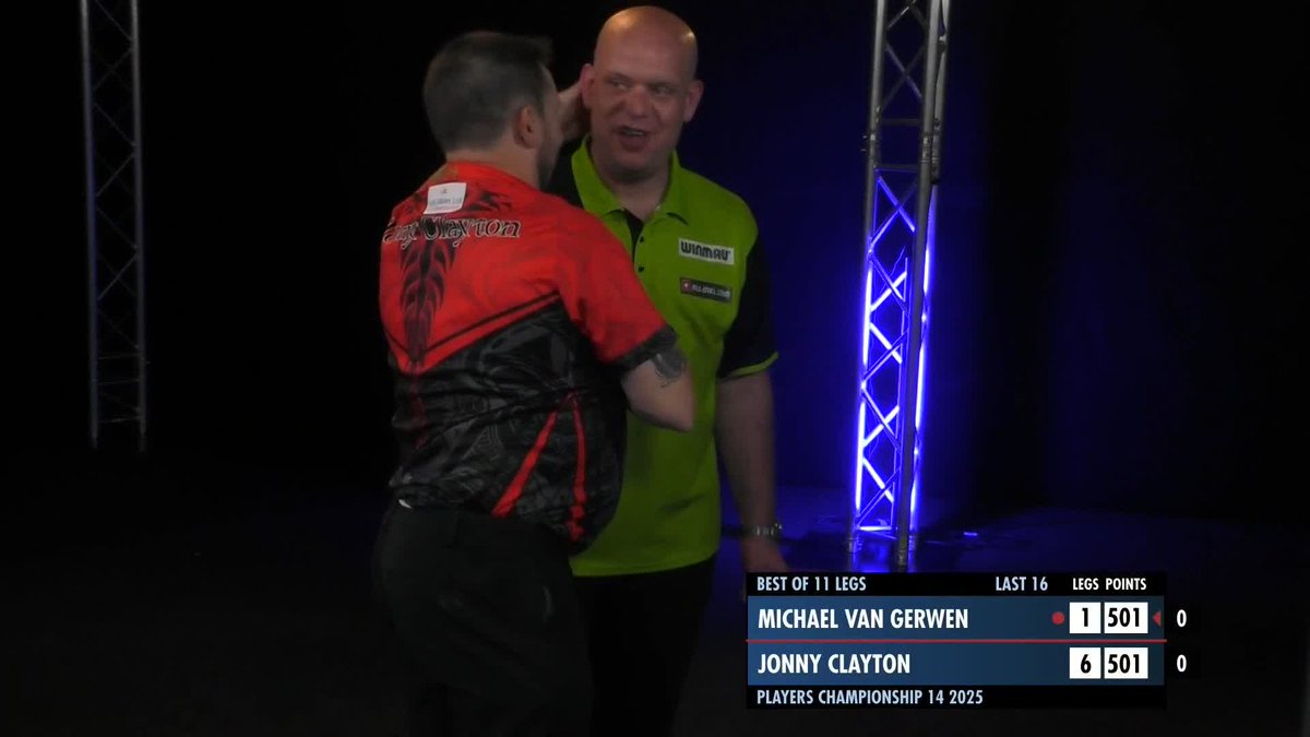 CLAYTON CRUISES PAST MVG! Jonny Clayton storms through to the Players Championship 14 quarter-finals in Rosmalen, thrashing Michael van Gerwen 6-1 to book his place in the last eight! 📺 #PC14