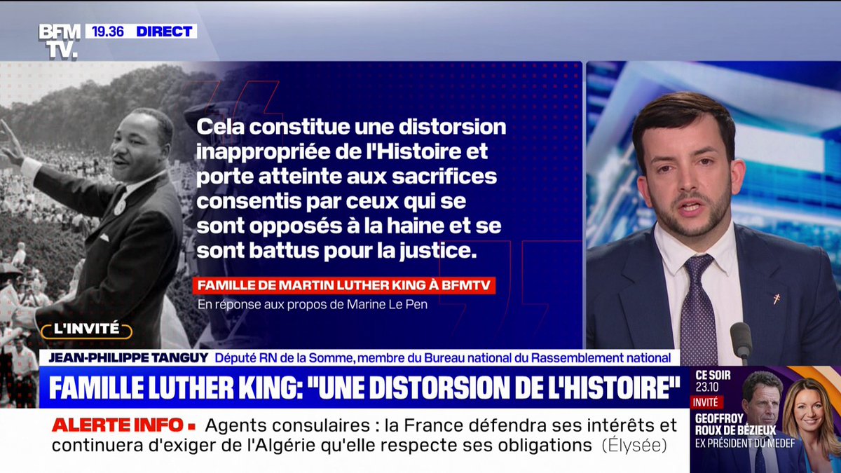 Pour Jean-Philippe Tanguy (RN), la famille de Martin Luther King "n'est sans doute pas très bien au courant de la doctrine universaliste de Marine Le Pen"