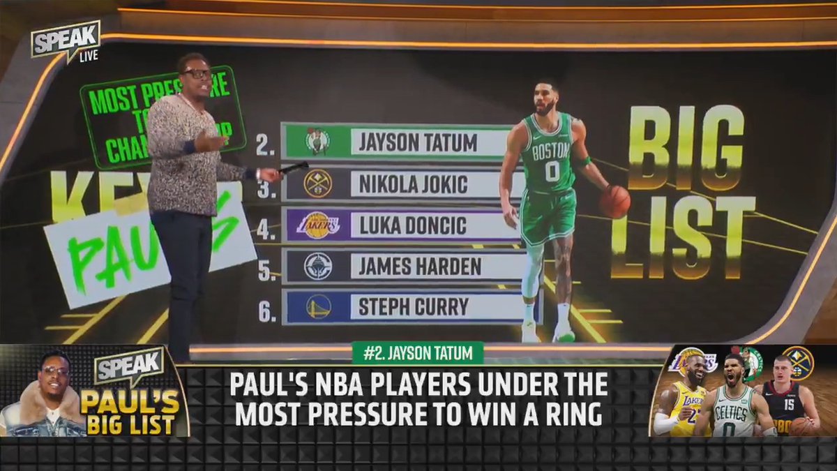 .Paul Pierce takes over @Keyshawn's "Big List" and makes a list of his own: NBA players with the most pressure to win a championship! 1. LeBron James 2. Jayson Tatum 3. Nikola Jokic 4. Luka Doncic 5. James Harden 6. Steph Curry