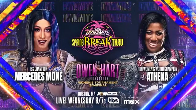 TOMORROW #AEWDynamite Spring BreakThru LIVE, 8ET/7CT on TBS Network + @SportsOnMAX Mercedes Moné Varnado vs Athena is ROH and All Elite! Champion vs Champion in the Owen Hart Cup Semis! TBS Champion Mercedes Moné faces ROH Women's World Champion Athena to see who advances to the finals!