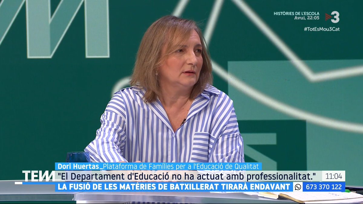 🔴 La fusió de les matèries de Batxillerat tirarà endavant. En parlem amb Dori Huertas, de la Plataforma de Famílies per a l'Educació de Qualitat, molt crítica amb les decisions preses pel Departament d'Educació (Educació) #TotEsMou3Cat ▶