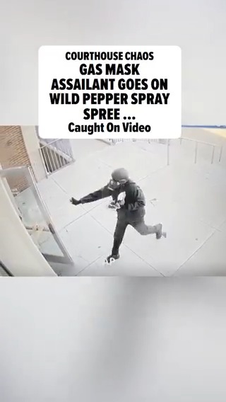 A WILD scene played out in Massachusetts on Monday when a man wearing a gas mask and carrying pepper spray went on a rampage at a courthouse. WATCH THE FULL VIDEO ➡️