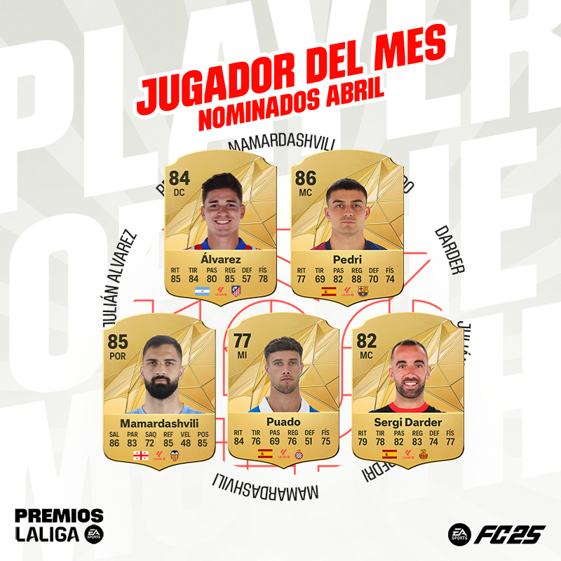 👀 ¡Estos son los nominados al 𝐉𝐔𝐆𝐀𝐃𝐎𝐑 𝐃𝐄𝐋 𝐌𝐄𝐒 de abril en #LALIGAEASPORTS! 🌟 Pedri González 🌟 Mamardashvili 🌟 Javier Puado Diaz 🌟 Sergi Darder Moll 🌟 Araña 🕷 #LALIGAPOTM | EA SPORTS FC ESPAÑA #PREMIOSLALIGA