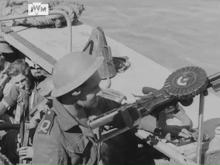 British and Indian troops of 25th Indian Division filmed during the amphibious landings at Ru-Ywa, in the coastal Arakan region of Burma, 16 February 1945. Film: IWM JIN 4