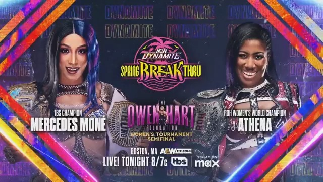 #AEWDynamite Spring BreakThru TONIGHT LIVE, 8ET / 7CT on TBS Network + Sports on Max Mercedes Moné Varnado vs Athena is ROH & All Elite! Champion vs Champion in the Owen Hart Cup Semis! TBS Champion Mercedes Moné faces ROH Women's World Champion Athena, at 8ET / 7CT on TBS + MAX, TONIGHT!