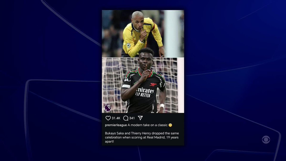"To be fair, not really you know... It's nice we can both share this picture." 😂 Bukayo Saka wasn't thinking of Thierry's celebration when he shushed the crowd at the Bernabéu 😅