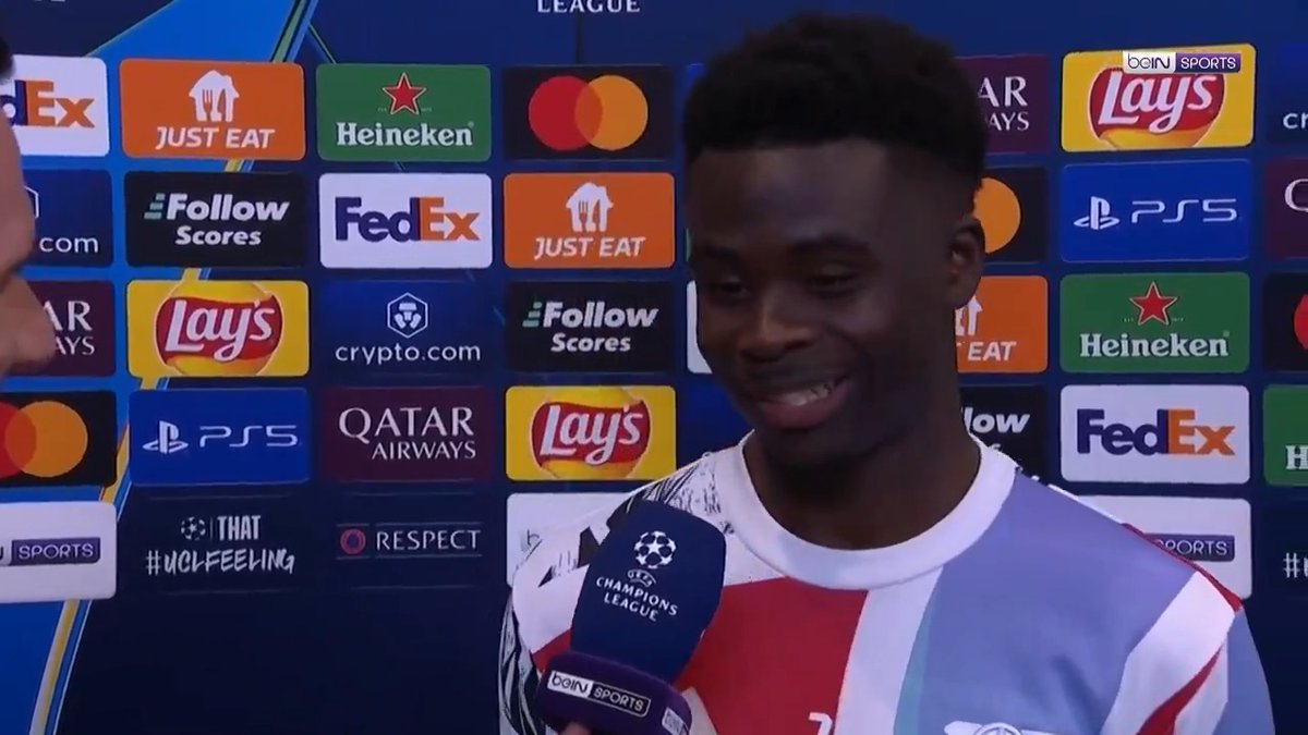 🗣️ "It's amazing to be in the semi-final with Arsenal... To do it here, in a stadium like this, we have to be proud of ourselves!" Bukayo Saka speaks to Adriano Del Monte after Arsenal's 2-1 win at the Bernabeu! #beINUCL #Arsenal #UCL