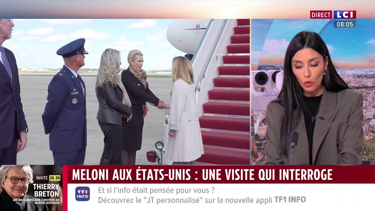 🔴 Meloni aux États-Unis 👉 La dirigeante italienne se rend à Washington pour parler des droits de douane avec Trump. Elle ne peut pas négocier au nom de l'Europe, seule Ursula von der Leyen peut le faire mais le président américain refuse de la recevoir.
