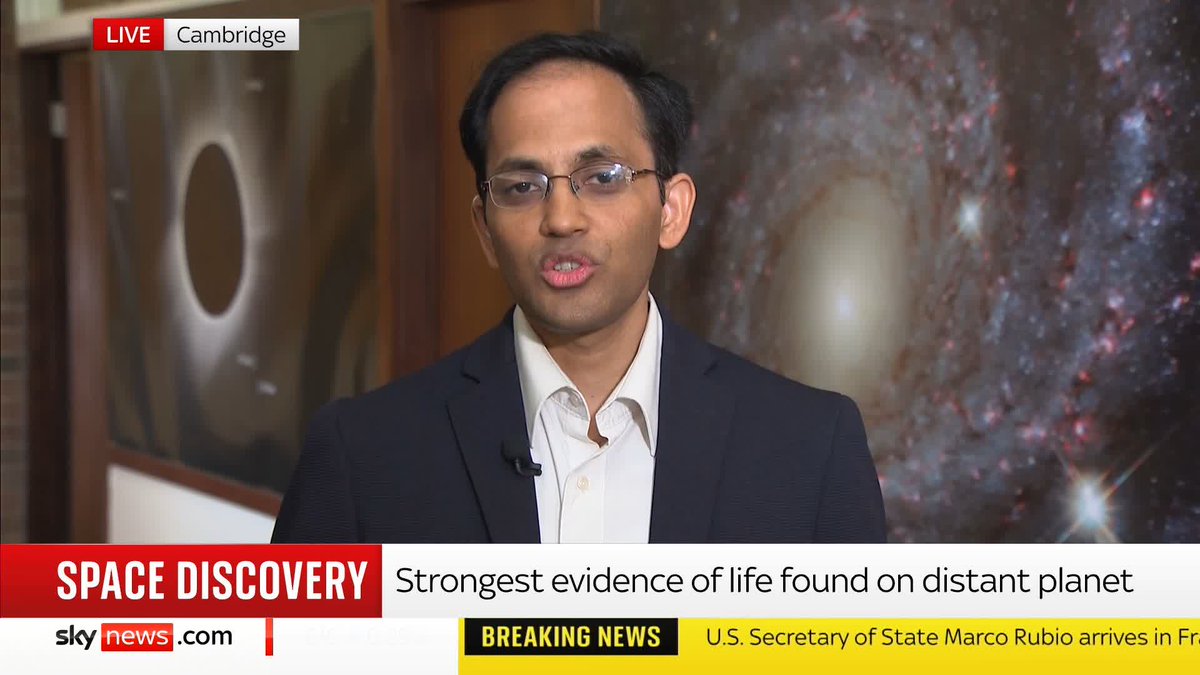 'The only explanation currently... is one of an ocean world' Professor of Astrophysics at the University of Cambridge, Prof Nikku Madhusudhan speaks about finding 'the strongest sign yet of possible life beyond our solar system' Full story ➡️ 📺 Sky 501