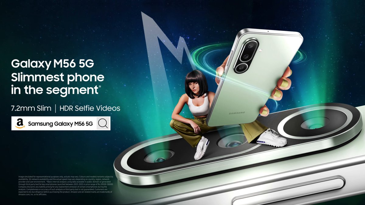 Presenting the all-new #GalaxyM56 5G - the ultimate benchmark for all smartphones in the segment. The slimmest good looks combined a flagship-level camera experience make it the #MonsterestMonster. #LoveForMonster #Samsung