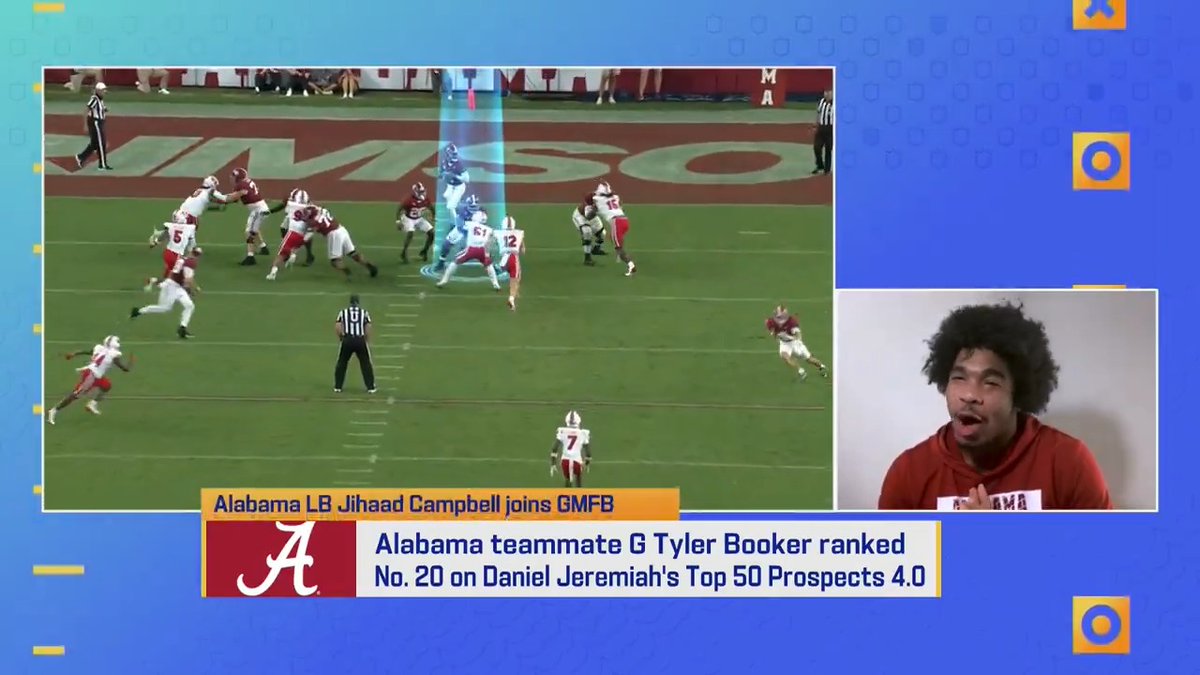 "That's a dog." Jihaad Campbell on his Alabama Football teammate and fellow draft prospect Tyler Booker🦍. (via Good Morning Football)