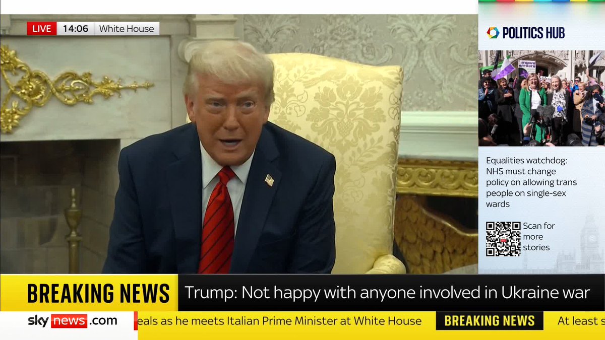 'I was the apple of Putin's eye, there is no way he would have invaded Ukraine if I was president' US President Donald Trump tells reporters he is 'not happy with anybody involved in the Ukraine war' 📺 Sky 501, Virgin 602, Freeview 233 and YouTube