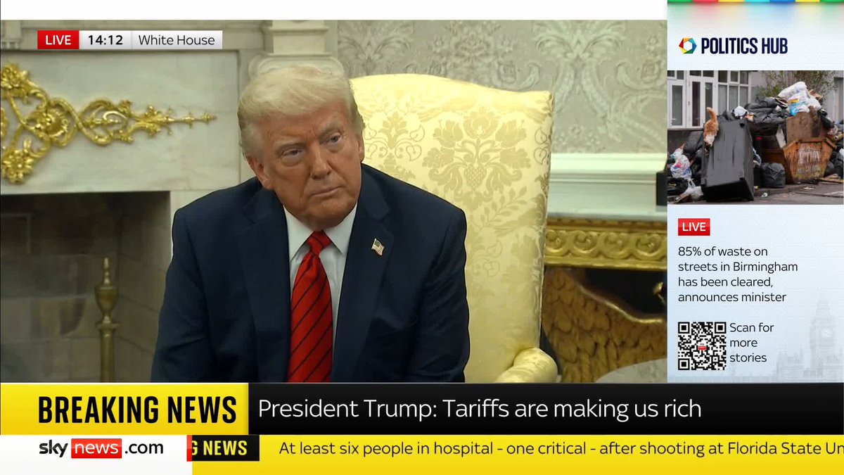 "Tariffs are making us rich." Speaking at the White House, US President Donald Trump claims that America is "taking in billions and billions of dollars" as a result of global trade tariffs. Latest ➡️ 📺 Sky 501, Virgin 602, Freeview 233 and YouTube