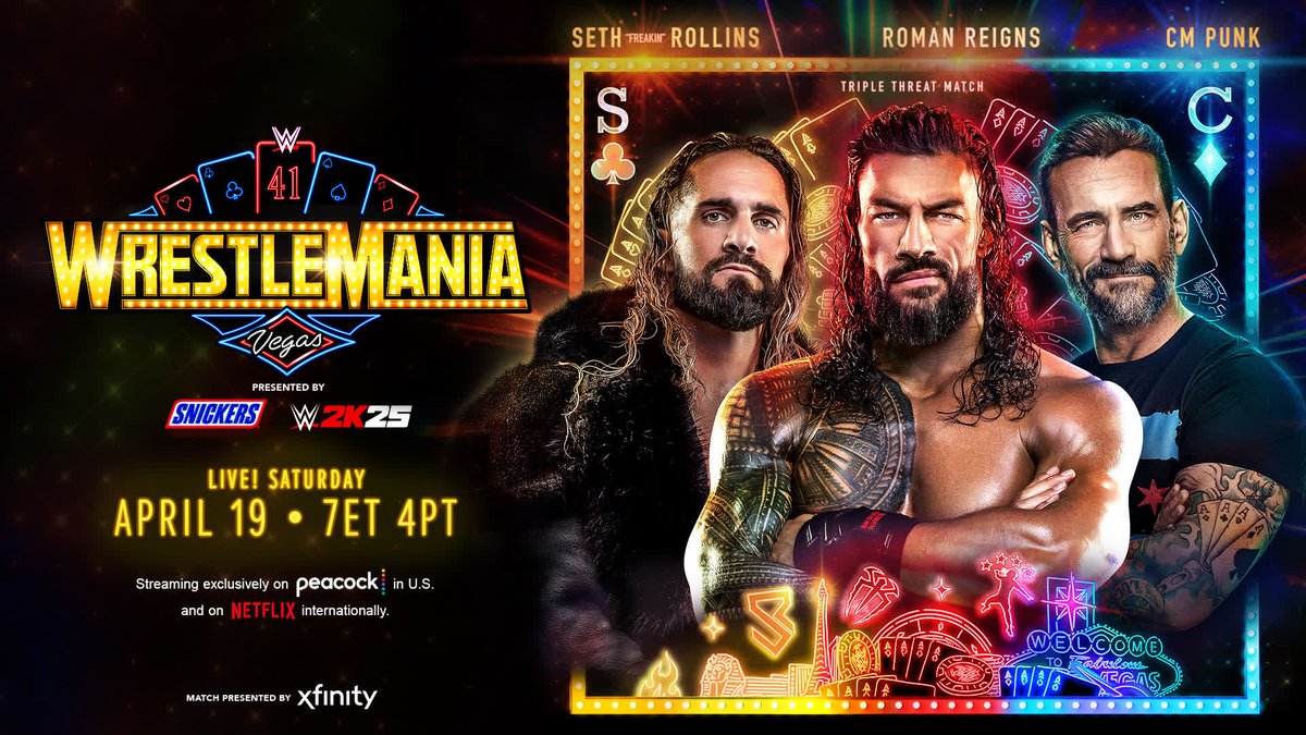 #CMPunk is accompanied by Paul Heyman for a generational Triple Threat Match against #RomanReigns and #SethRollins in the main event of #WrestleMania Saturday.
