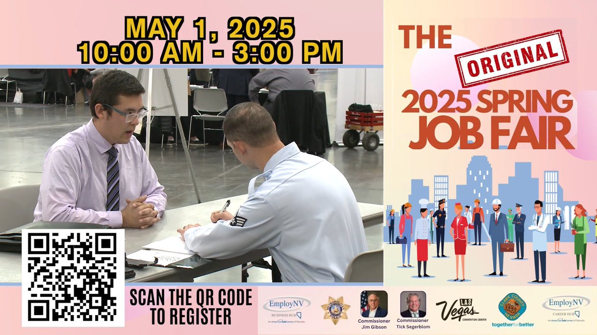 Two weeks from today is Nevada’s largest and longest-running free job fair! The Original Spring Job Fair is happening: 📆 Thurs, May 1 ⏰ 10 AM–3 PM 📍 Las #Vegas Convention Ctr. - North Hall 100+ employers, thousands of jobs! ✅ Pre-register: