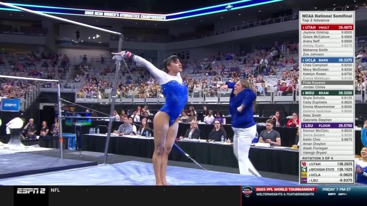 FLYIN' FRIDA! Frida Esparza hits a 9.9250 for the Bruins on bars! 📺: ESPN2