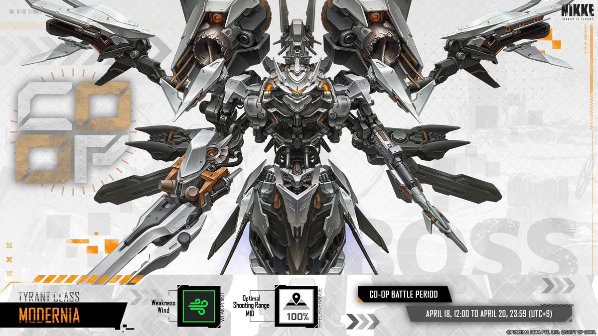 【Co-Op Battle Start Notice】 The enemy for this Co-Op battle is 《Modernia D.M.T.R》. The Co-Op battle will take place at the following time. 📅 4/18 12:00 ~ 4/20 23:59 (UTC+9) Join the battle at Lobby - Event - Coordinated Operation! #NIKKE