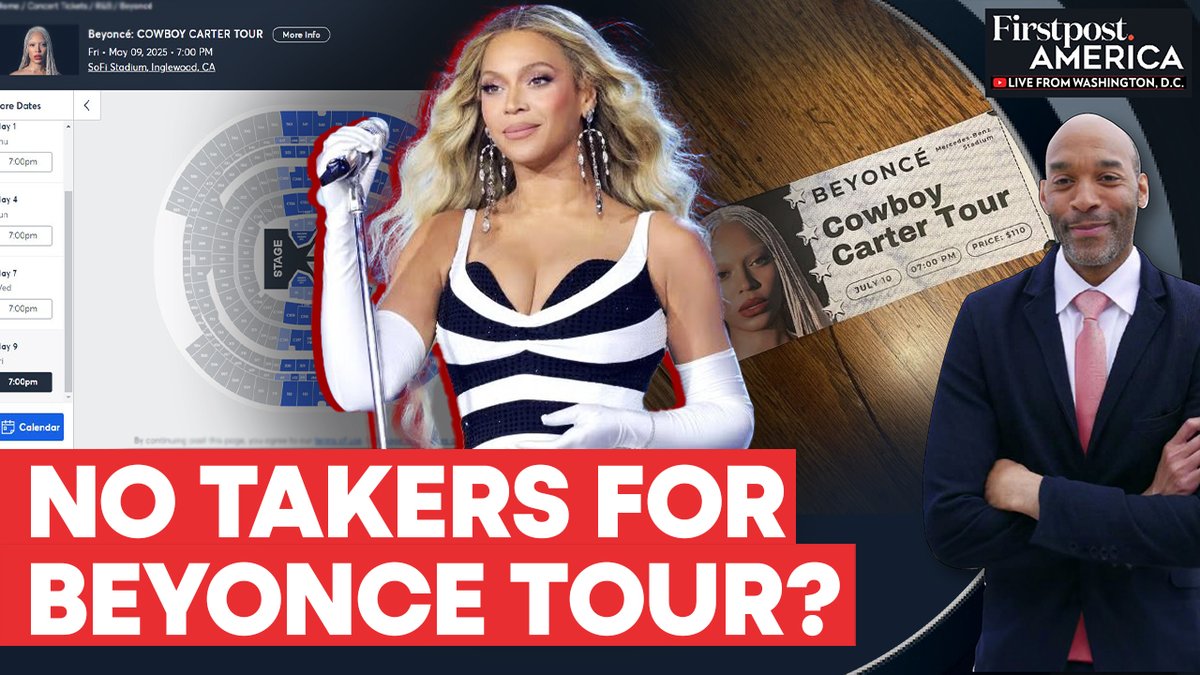 🚨 URGENTE: Faltando 10 dias para a Cowboy Carter Tour, Beyoncé vira chacota em TV nacional devido a baixa procura por ingressos da turnê. O Firstpost America chama a atenção para os milhares de assentos livres nos estádios, muitos chegando a 35 dólares.