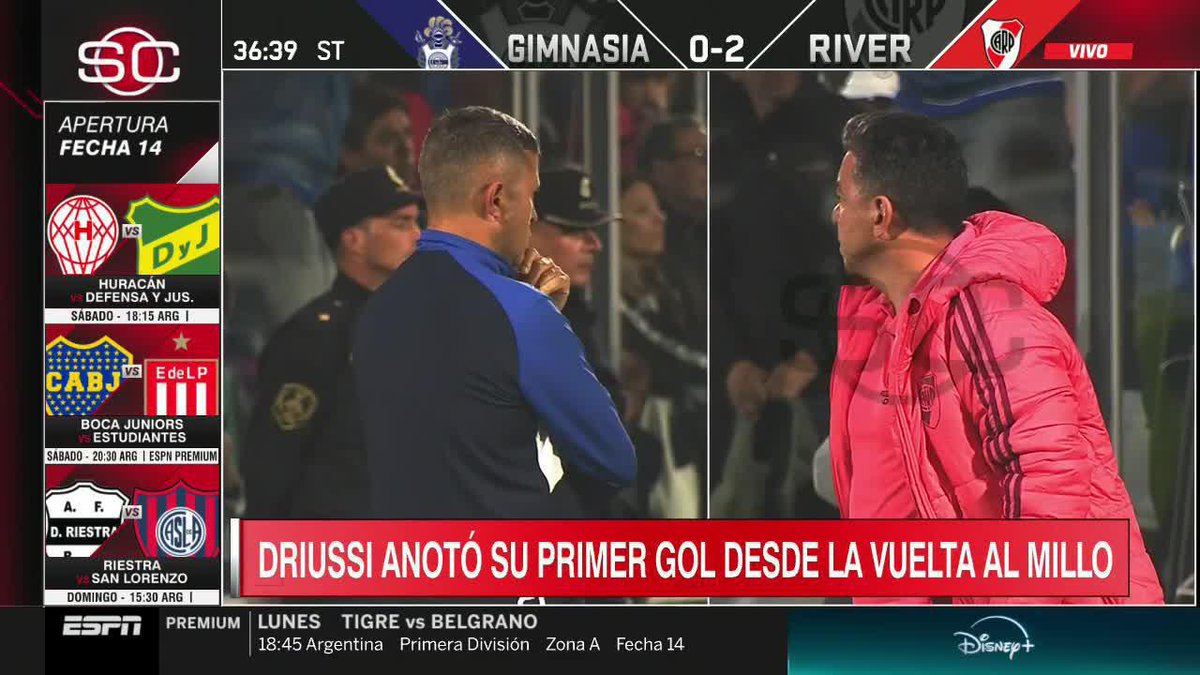 GRITO DE GOL Y ABRAZOS CON ENZO PÉREZ Y MARTÍNEZ QUARTA: así reaccionó Gallardo al 3-0 de River ante Gimnasia en El Bosque. 📺 #DisneyPlus