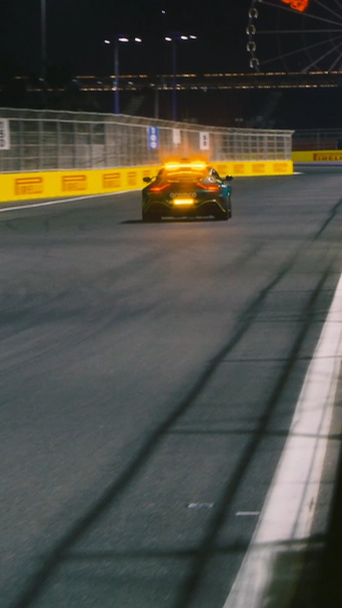 Sound on. Thrills unleashed. Turning the first laps of the Jeddah Corniche Circuit with the Official FIA F1 Safety Car. Vantage. #AstonMartin #Vantage #THRILLDRIVEN