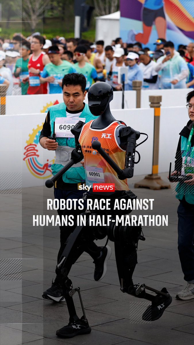 Robots race against humans in Beijing half-marathon. The winning robot crossed the finishing line in two hours and 40 minutes, while the men's winner of the race had a time of one hour and two minutes.