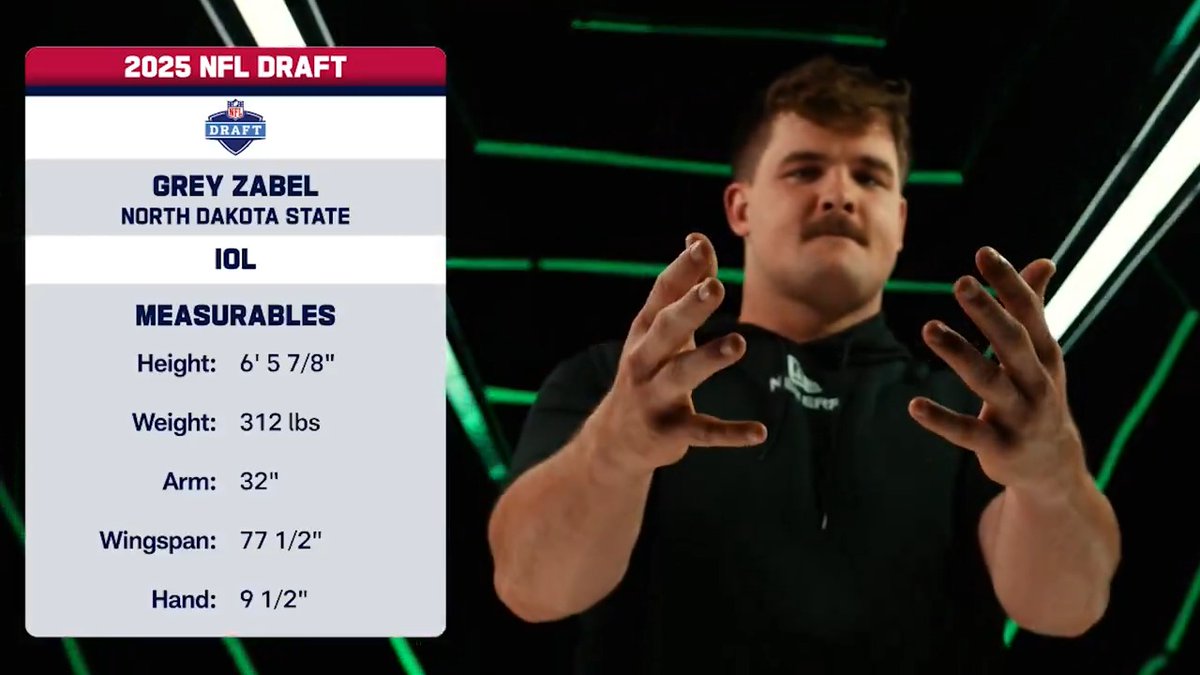 .Grey Zabel is a big man with high versatility on the offensive line. Daniel Jeremiah | @NDSUFootball 📺: 2025 #NFLDraft – April 24-26 on NFLN/ESPN/ABC 📱: Stream on NFL+