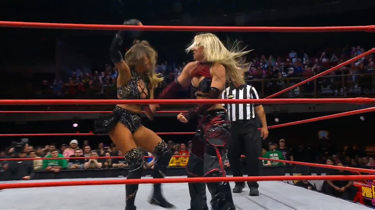 Toni Storm looks on as Mercedes Moné Varnado &amp; @HarleyCameron_ battle julia hart &amp; @CallMeKrisStat in the grand finale of Spring BreakThru! Catch the replay of #AEWCollision on @TNTDrama + @SportsOnMAX!