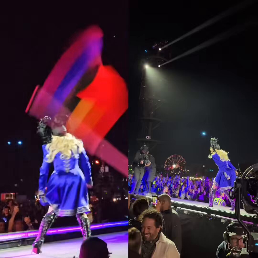 Lady Gaga and her fiancé, Michael Polansky, blow kisses to each other during her performance of “How Bad Do U Want Me”