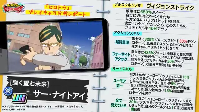 【『クライマックスバトル』目玉報酬紹介】 ◆UR【強く望む未来】サー・ナイトアイ◆ 敵の妨害と味方の支援を両立するサポーター! クリティカル率アップと、高頻度のバリアで味方をサポートするぞ! DL: #ヒロトラ #ヒロアカ #僕のヒーローアカデミア