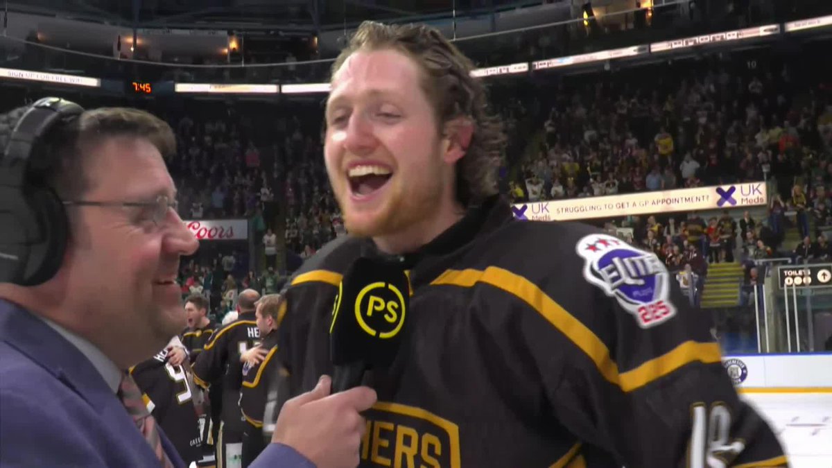 😼 Nottingham Panthers's Mitch Fossier reacts after scoring the winning goal in 2OT of the Playoff Final "I'm so tired! We're all so tired! What a crazy game!" 🗣️ #EIHL | Elite Ice Hockey League | #EIHL