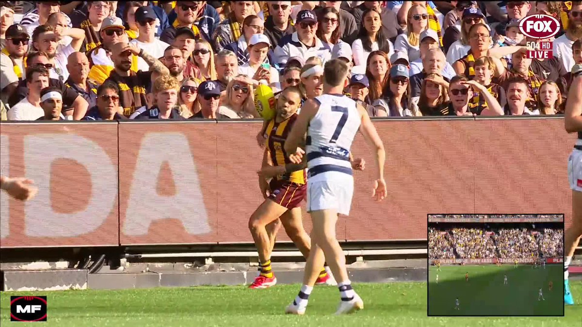 "Bailey Smith's keen to go on with it." Bailey Smith gave away a free kick after pushing the ball into Impey's head 👀 📺 Watch #AFLCatsHawks LIVE on ch. 504 or stream on Kayo: ✍️ BLOG 🔢 MATCH CENTRE