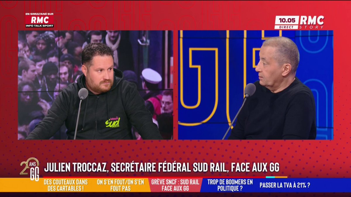 🚆 Grève à la SNCF : le coup de gueule de Mourad Boudjellal face à Julien Troccaz, secrétaire fédéral SUD Rail 🗣️ "Vous êtes le symbole de pourquoi ce pays part en cou*lles. Dans le train je fais que prier pour qu'il parte à l'heure et qu'il y ait de l'eau dans les toilettes." #GGRMC