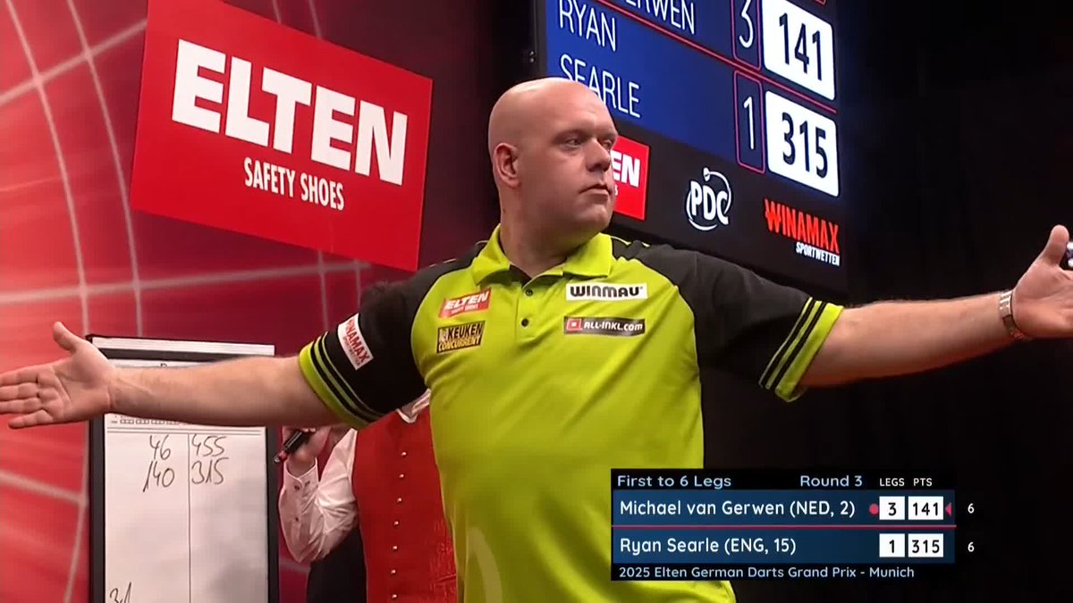 VAN GERWEN HITS A NINE! 🤩 Michael van Gerwen strikes perfection in Munich, taking a 4-1 lead over Ryan Searle! Scenes at the Zenith! 📺 #ET4