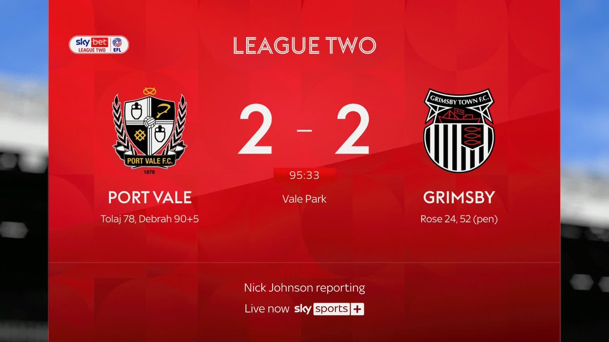 Port Vale, from 2-0 down, have their STOPPAGE-TIME EQUALISER against Grimsby!