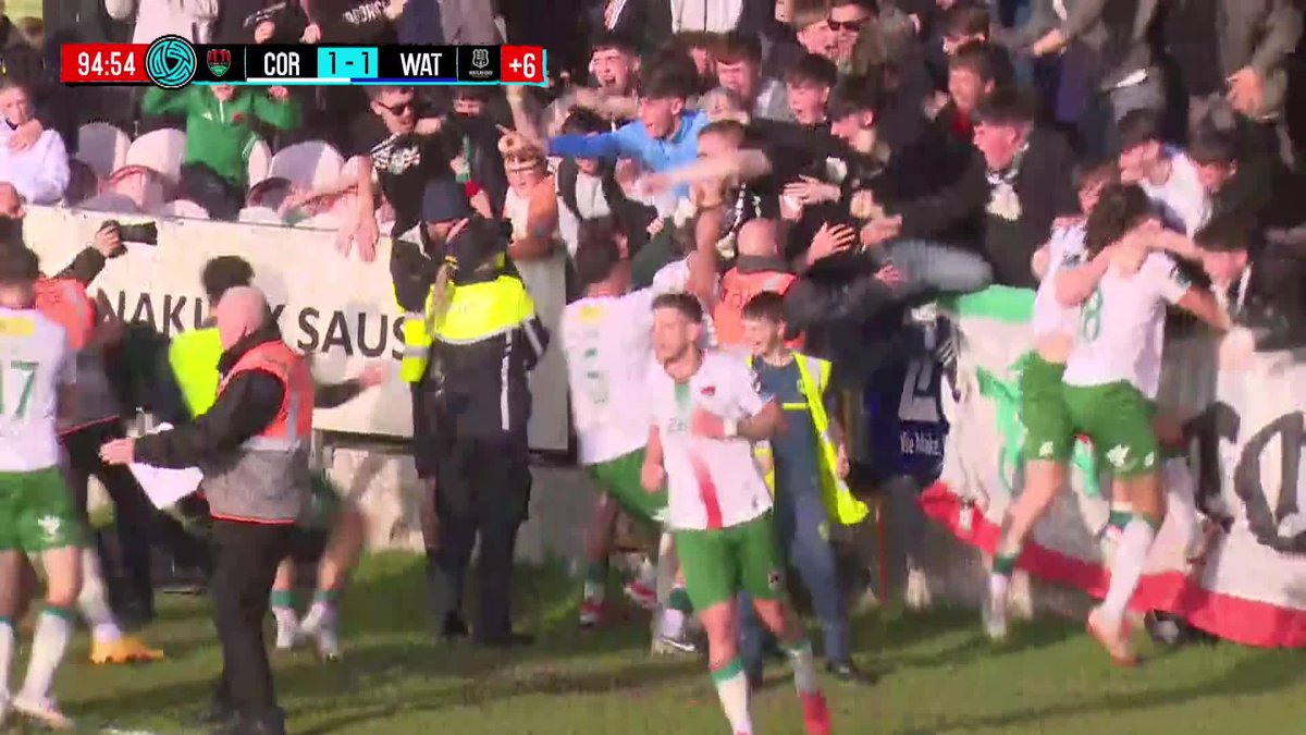 Cork City have just leapfrogged Waterford at the bottom of the League of Ireland thanks to an 89th minute penalty equaliser and this winner on 90+5. Superb celebrations behind that goal.