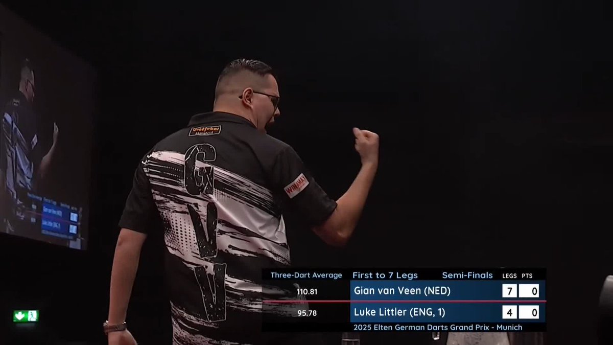 VAN VEEN BLOWS AWAY LITTLER! Gian van Veen averages a staggering 110.81 to book his spot in the 2025 German Darts Grand Prix final, as the young Dutchman beats the World Champion 7-4 to end Luke Littler's winning streak on the European Tour! 📺 #ET4