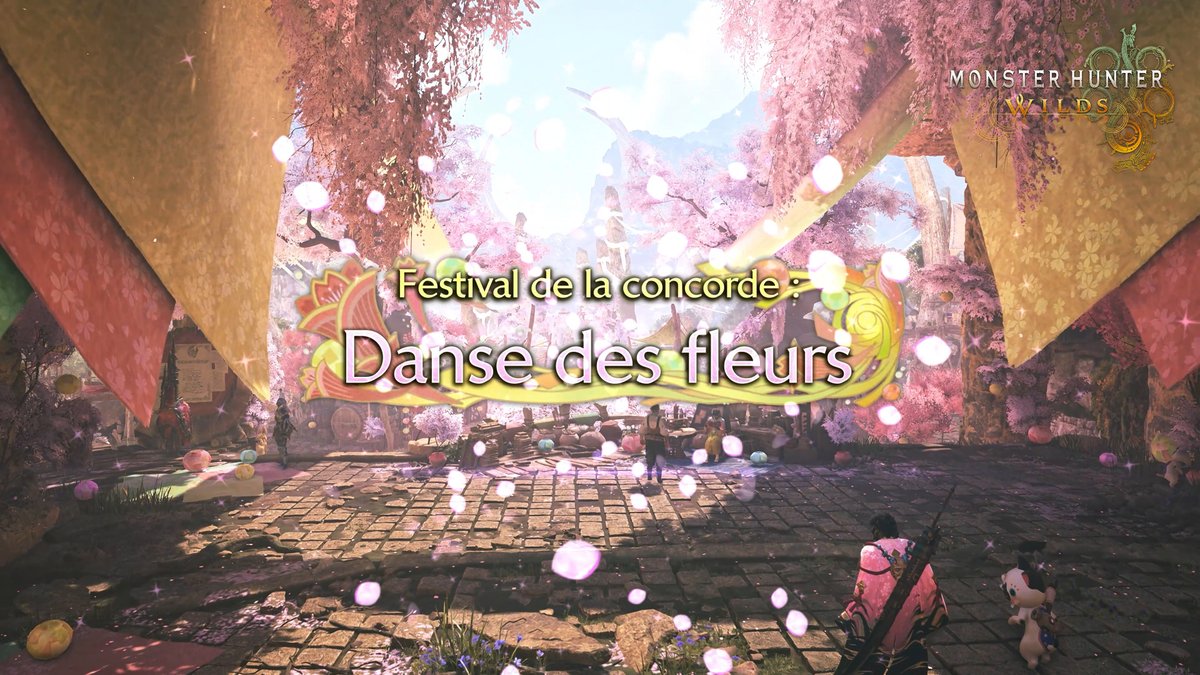 Imprégnez-vous du printemps et des cerisiers en fleurs au Grand-Camp pendant l'événement saisonnier à durée limitée "Festival de la concorde : Danse des fleurs" ! Joignez les festivités pour remporter une armure spéciale gratuite pour hunter et Palico, un nouveau type de décoration pour Seikret, et plus ! Dates : du 23 avril au 7 mai.