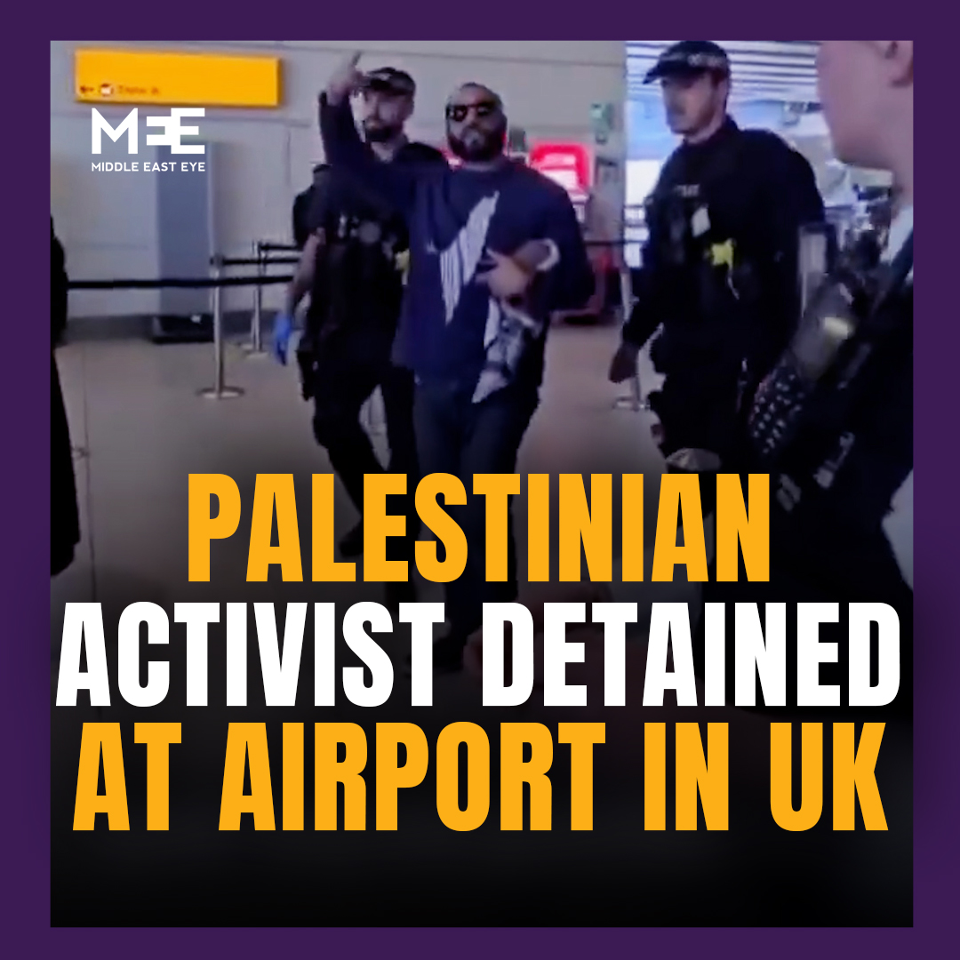 A Palestinian activist was detained at Heathrow Airport in London under the Firearms Act on Sunday for wearing a jumper bearing the map of Palestine