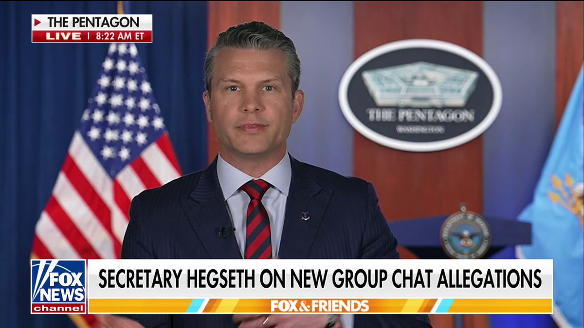 "We're for the warfighters, we're for the president and none of this is based in reality." Defense Sec. Pete Hegseth comes out swinging on FOX & Friends against new group chat allegations, claiming it's all about "trying to get at President Donald J. Trump and his agenda."