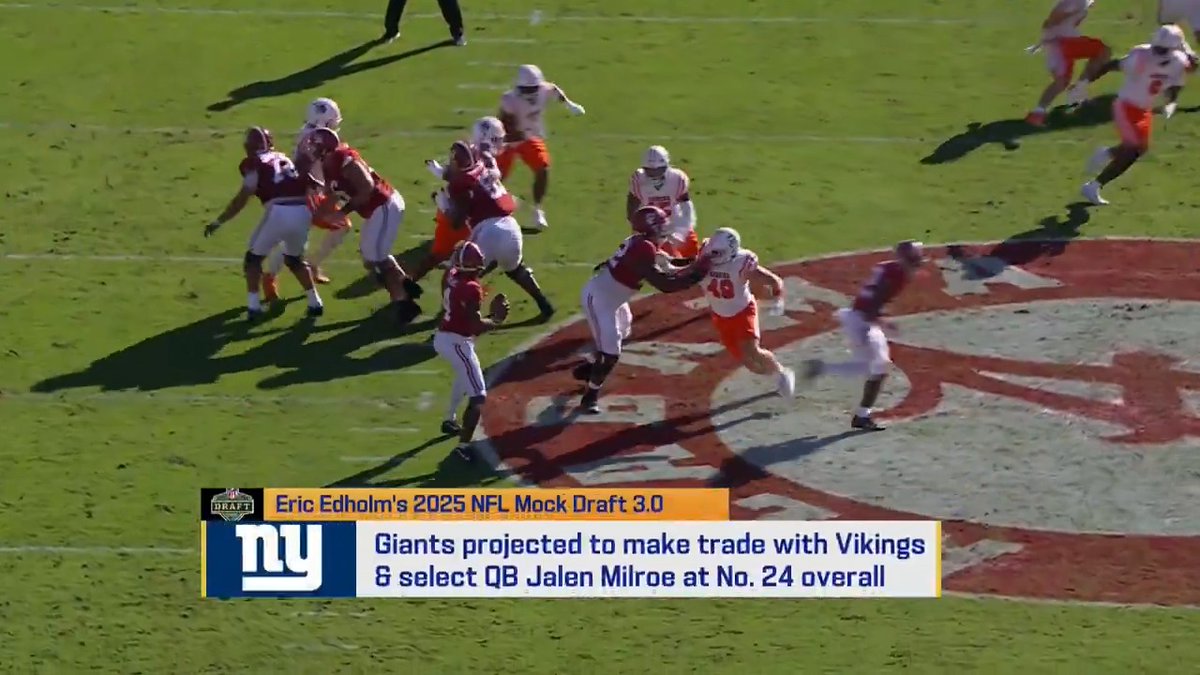 "If they want to be aggressive and go get a QB, Jalen Milroe does make a lot of sense." Tom Pelissero could see the New York Giants selecting the Alabama Football QB on Thursday night 👀 (via Good Morning Football)