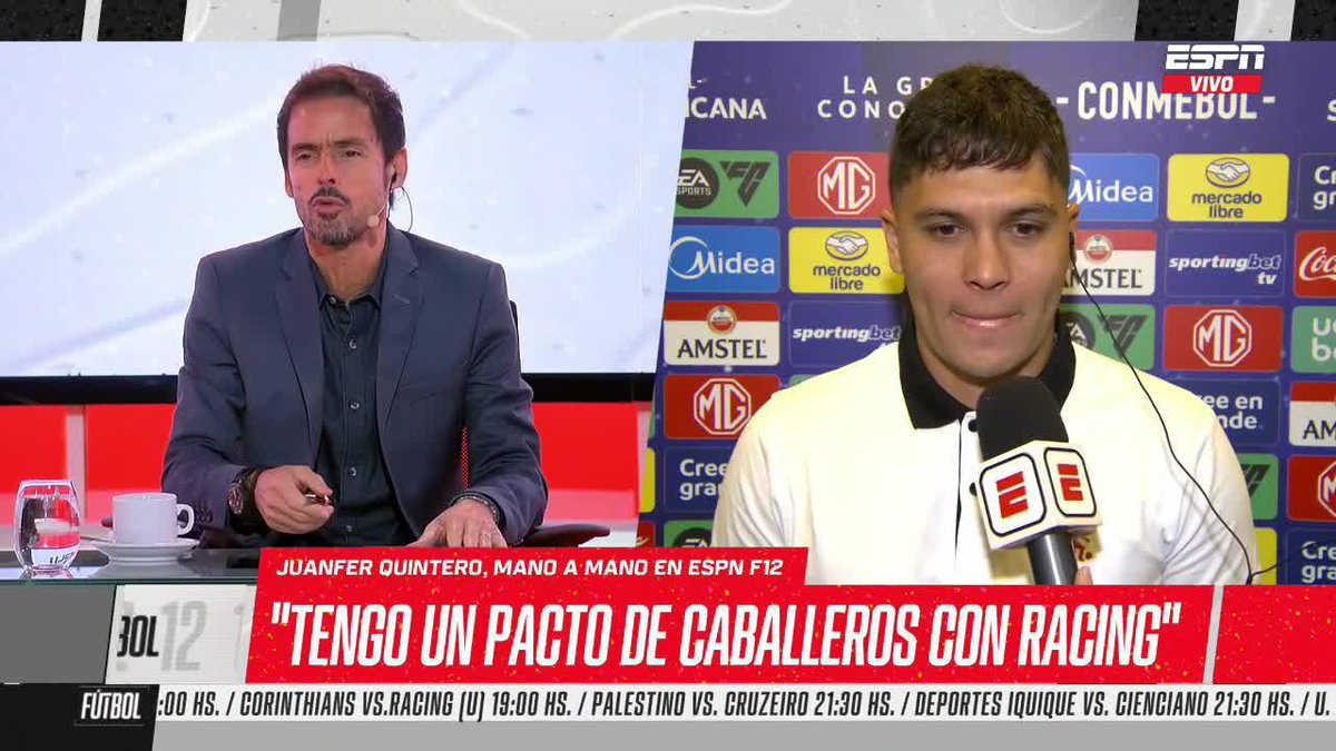 "Tengo un pacto de caballeros con Racing, con Diego Milito y Sebastián Saja." "Cuando se abre el mercado es normal que esté el nombre relacionado, pero #River tiene un gran equipo". 🗣 Juanfer Quintero en ESPN Argentina