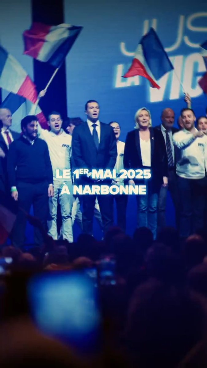 🇫🇷 #TousÀNarbonne le 1er mai à 14h30, à l’Arena de Narbonne, pour notre grand meeting avec Marine Le Pen et Jordan Bardella ! 📖 Le président du RN dédicacera son livre « Ce que je cherche » à la fin du meeting. 🎟️ Inscriptions :