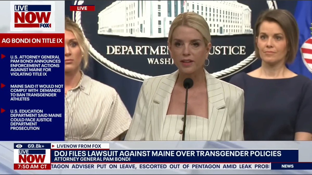 AG Pam Bondi speaks on actions against Maine for violating Title IX. "If one young woman is in jeopardy. ONE. That's enough for us to be standing up here." #savewomenssports