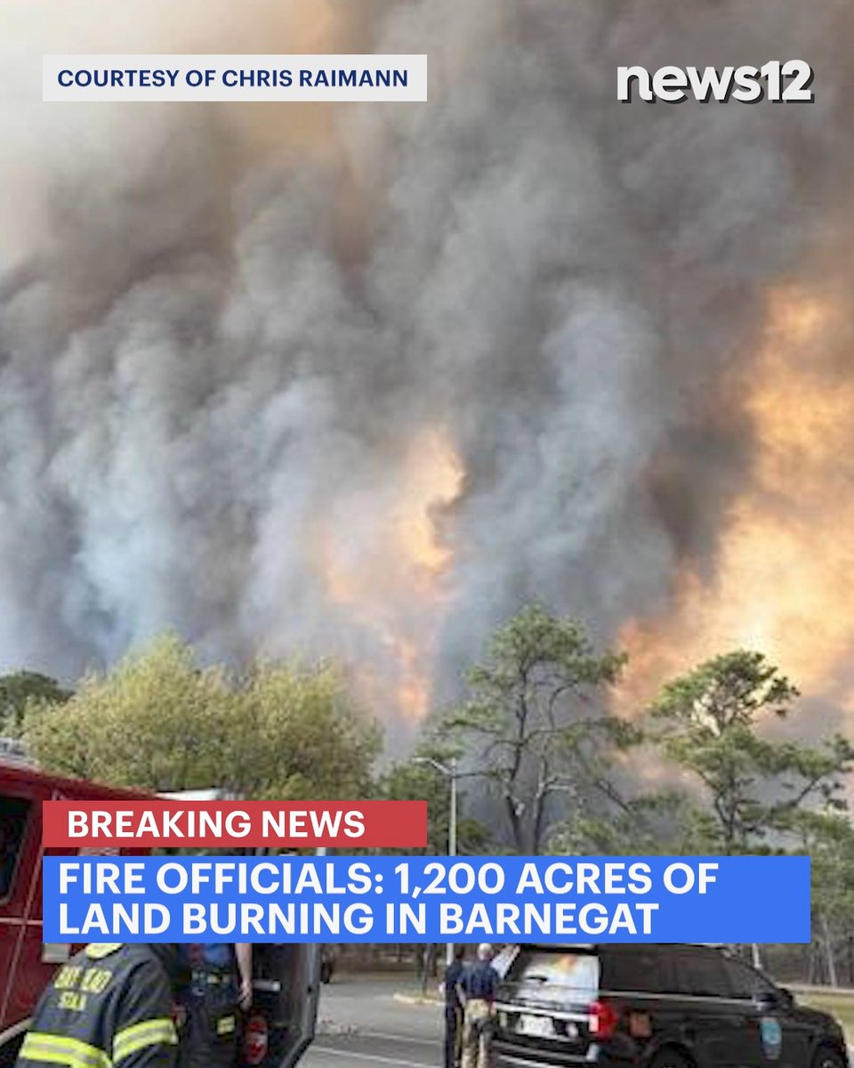 BREAKING UPDATE: The New Jersey Forest Fire Service says 1,200 acres of land is burning in Barnegat Township in Ocean County. #News12 #BarnegatTownship #Wildfire #ForestFire #Fire #Firefighters #BreakingNews #EmergencyCrews #LocalNews #News