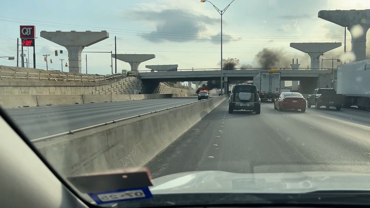 MAJOR FIRE ON I-35 | A box truck caught fire and exploded along the eastbound lanes of I-35 at Judson, causing major delays. Avoid the area if possible.